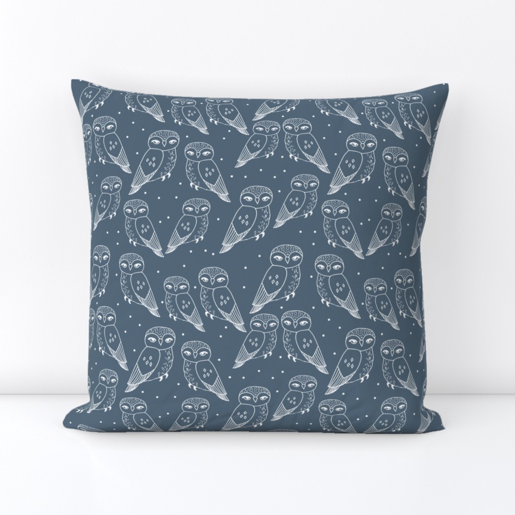 owls // dusty blue payne's grey owls and dots hand-drawn illustration by Andrea Lauren