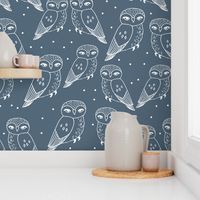 owls // dusty blue payne's grey owls and dots hand-drawn illustration by Andrea Lauren
