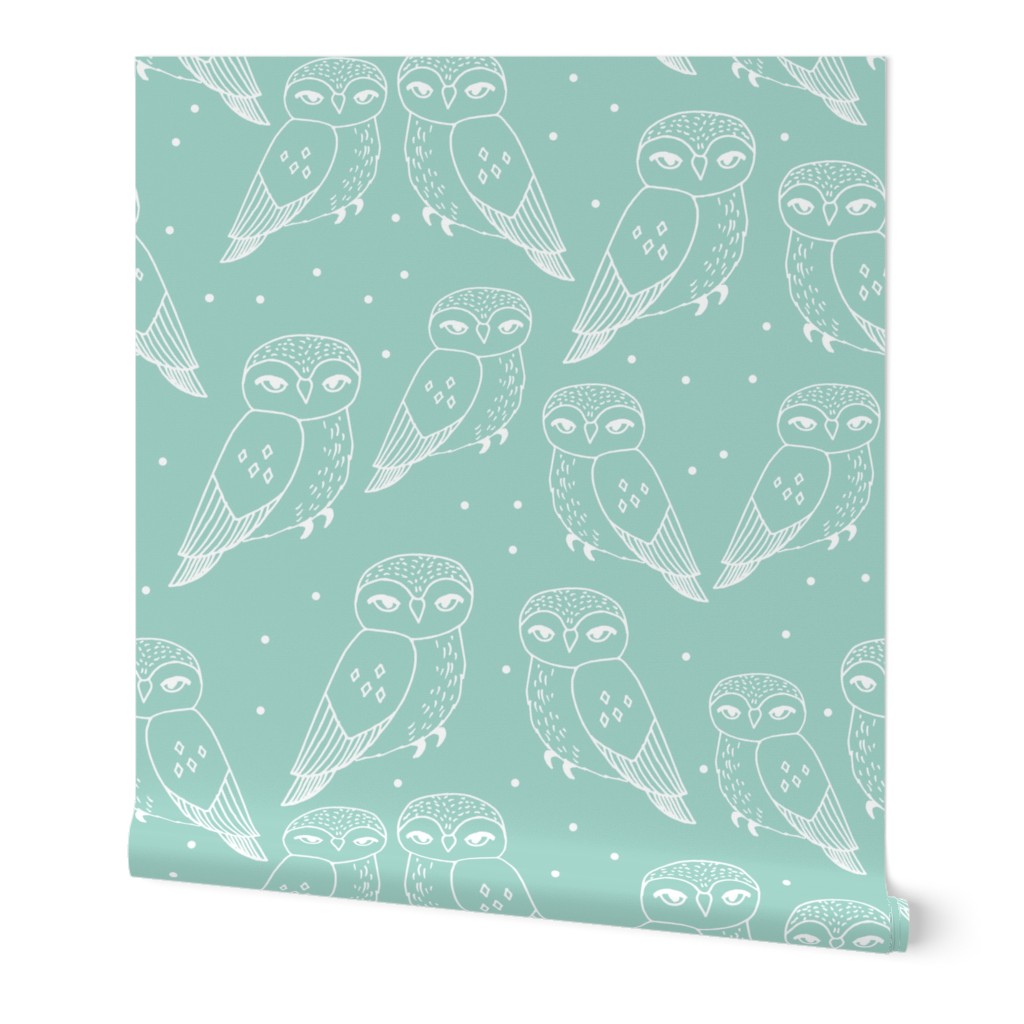 owl fabric // mint and white pastel nursery baby bird design