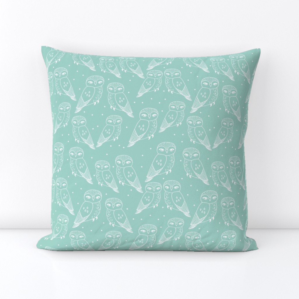 owl fabric // mint and white pastel nursery baby bird design