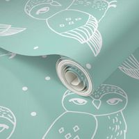 owl fabric // mint and white pastel nursery baby bird design