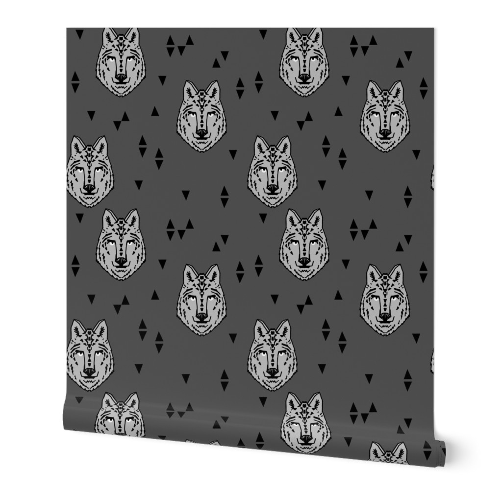 wolf // charcoal  grey wolf kids triangles animals animal head wolves fabric for boys room