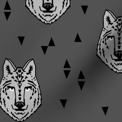 wolf // charcoal  grey wolf kids triangles animals animal head wolves fabric for boys room