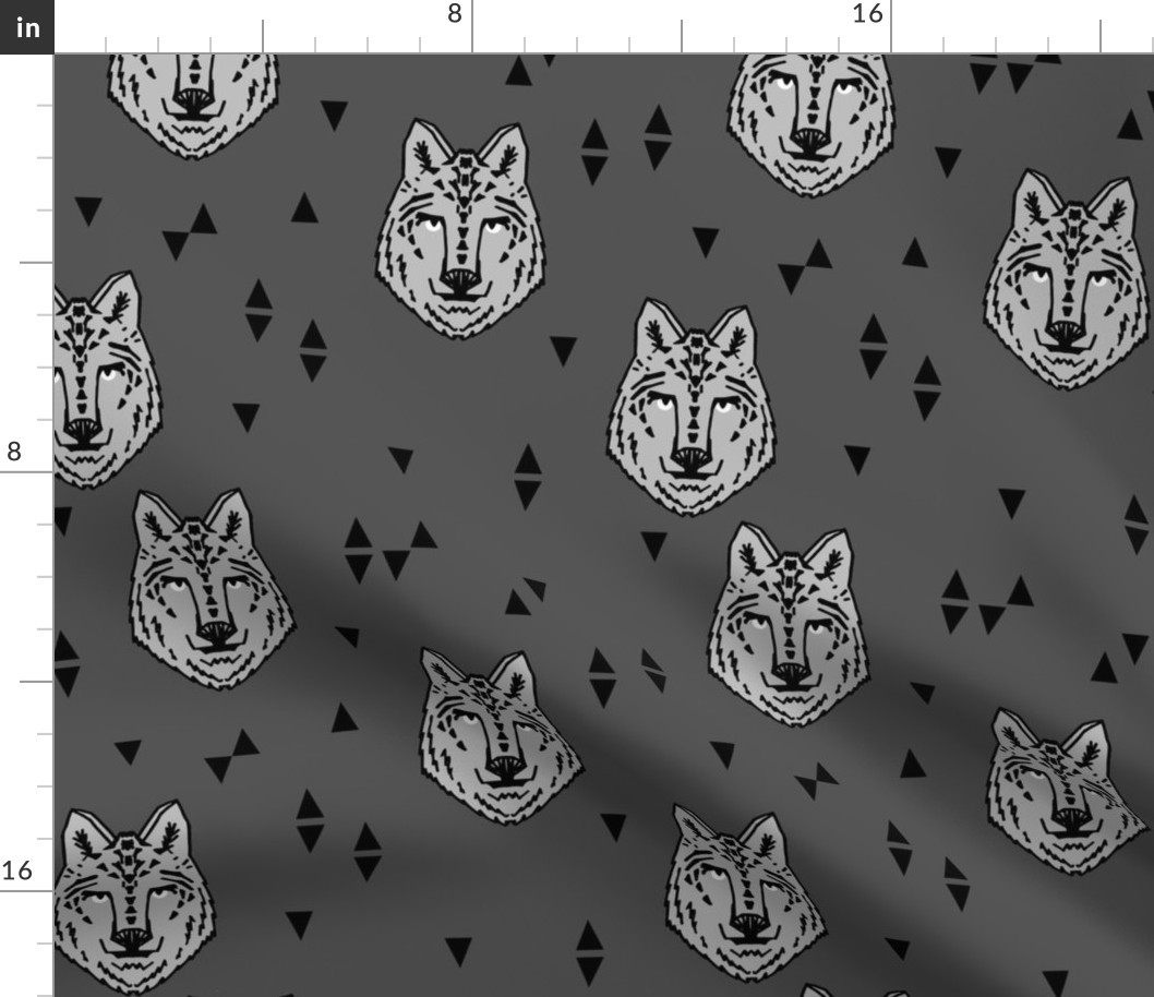 wolf // charcoal  grey wolf kids triangles animals animal head wolves fabric for boys room