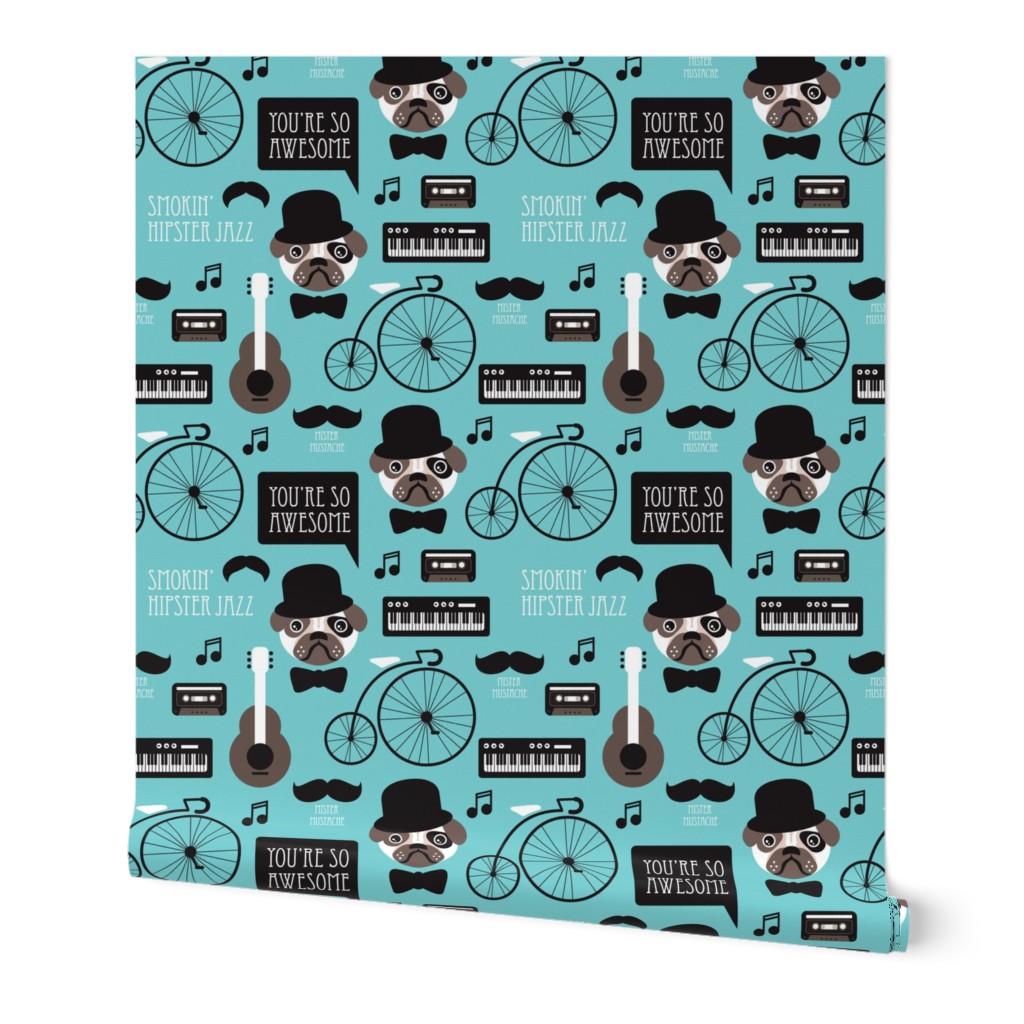 Cute blue pug puppy hipster jazz illustration music instruments retro pattern illustration