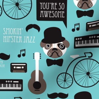 Cute blue pug puppy hipster jazz illustration music instruments retro pattern illustration