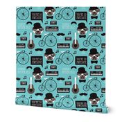 Cute blue pug puppy hipster jazz illustration music instruments retro pattern illustration