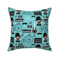 Cute blue pug puppy hipster jazz illustration music instruments retro pattern illustration