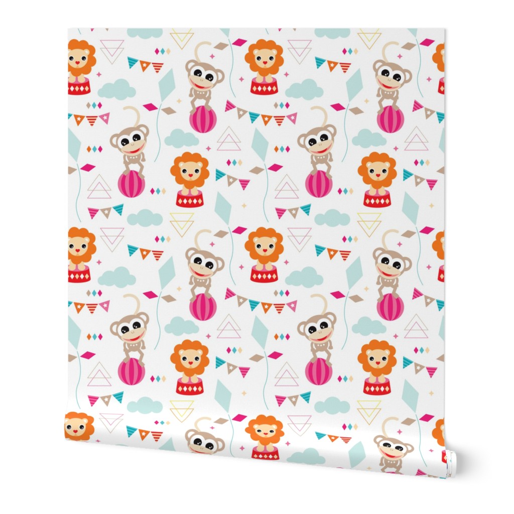 Colorful geometric circus animals lion and monkey party