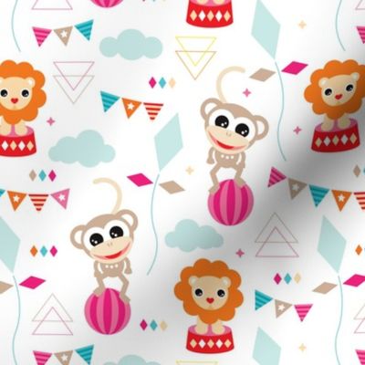 Colorful geometric circus animals lion and monkey party