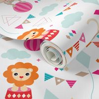 Colorful geometric circus animals lion and monkey party