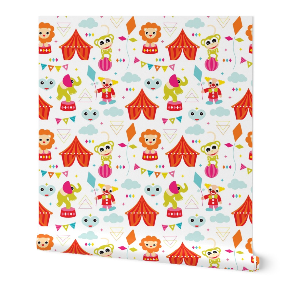 Colorful geometric circus animals lion elephant clown and monkey party