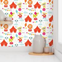 Colorful geometric circus animals lion elephant clown and monkey party