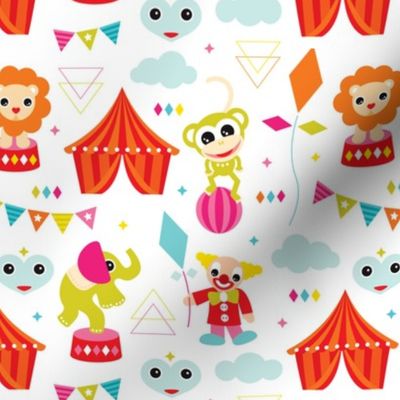 Colorful geometric circus animals lion elephant clown and monkey party