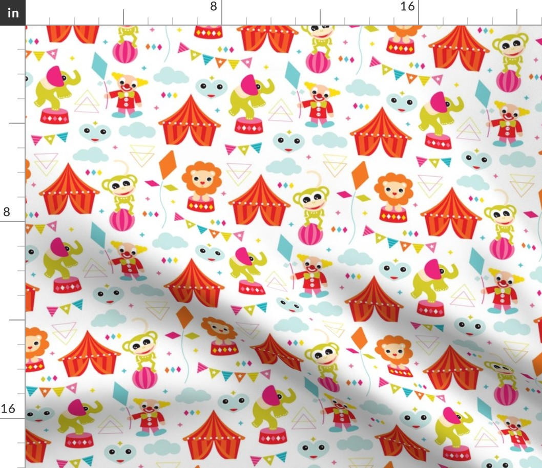 Colorful geometric circus animals lion elephant clown and monkey party