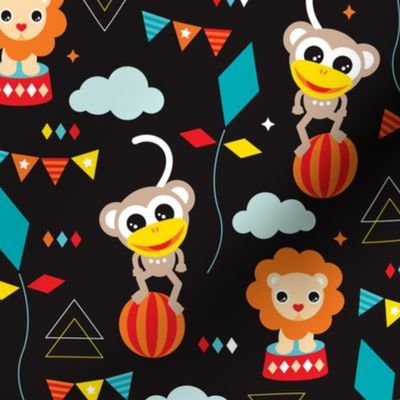 Colorful geometric circus animals lion elephant clown and monkey party