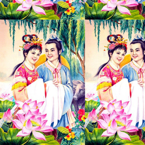 asian china chinese oriental chinoiserie folk tales valentine weaver cowherd lovers family husband wife romance fairy trees lotus water lily flowers love