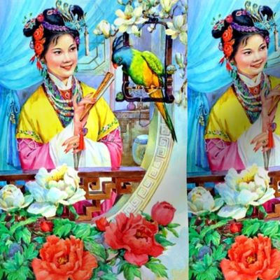 asian china chinese oriental chinoiserie ancient dynasty empress queens princess royalty palace gardens peony mudan flowers trees parrots