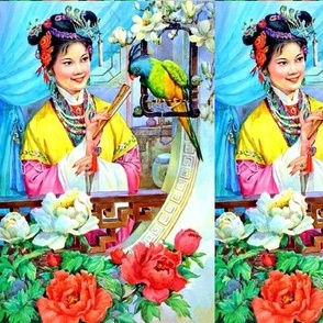 asian china chinese oriental chinoiserie ancient dynasty empress queens princess royalty palace gardens peony mudan flowers trees parrots