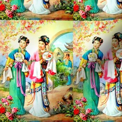 asian china chinese oriental chinoiserie ancient dynasty empress queens princess royalty palace gardens roses flowers trees suitor courtship prince love romance 