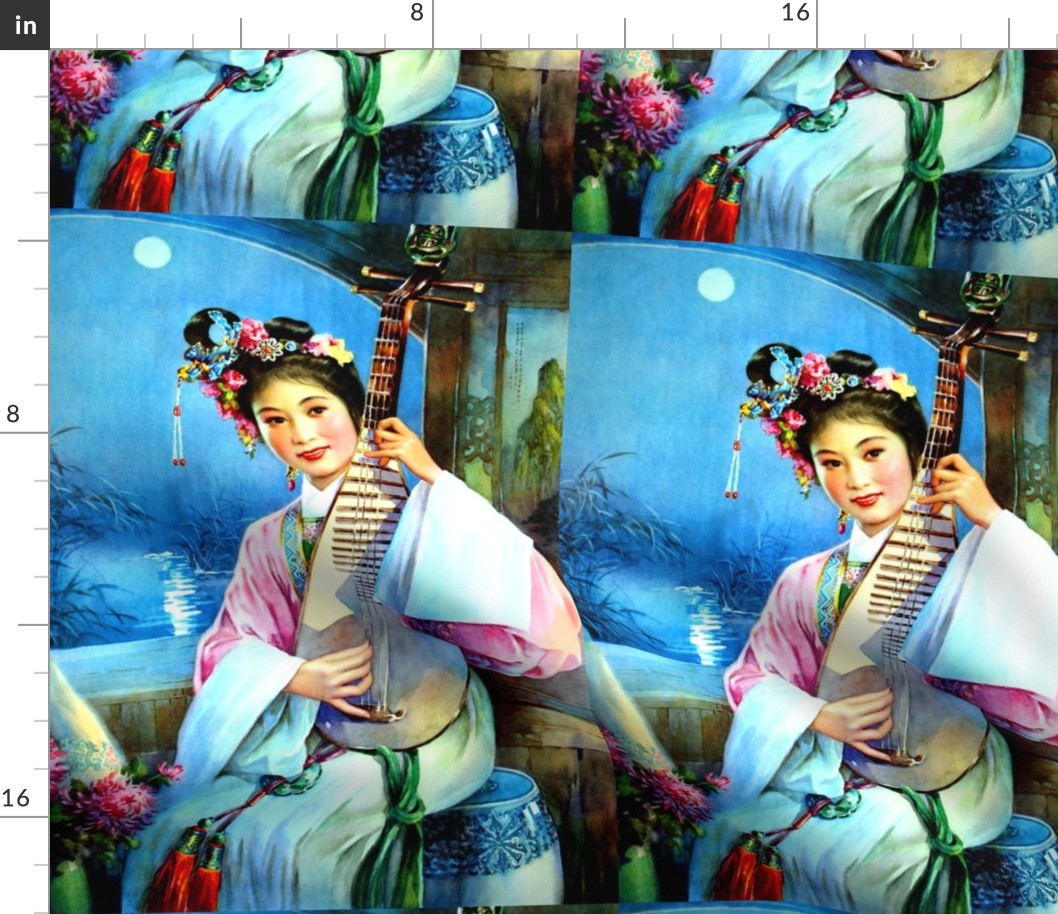 asian china chinese oriental chinoiserie ancient dynasty palace night flowers trees pavilion Chrysanthemum musician lakes rivers moon maiden pipa  traditional courtesan empress queens princess royalty