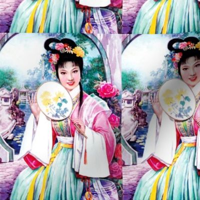 asian china chinese oriental chinoiserie ancient dynasty empress queens princess royalty palace gardens peony mudan flowers trees pavilion fans lakes ponds traditional castles