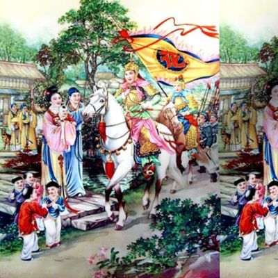 asian china chinese oriental chinoiserie hua mulan warriors traditional martial arts kung fu heroine battles wars villages family parents processions children ancient trees houses dynasty flags horses