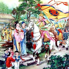 asian china chinese oriental chinoiserie hua mulan warriors traditional martial arts kung fu heroine battles wars villages family parents processions children ancient trees houses dynasty flags horses