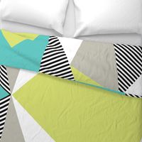 Triangles & Stripes Cheater Quilt - Acid Green & Teal