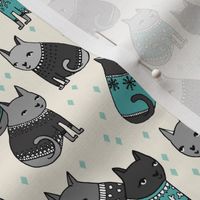 cats in sweaters // blue and grey illustration cats in holiday christmas sweaters
