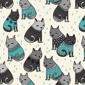 cats in sweaters // blue and grey illustration cats in holiday christmas sweaters