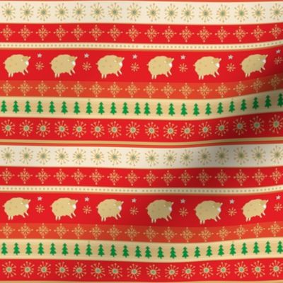 New year wrapping paper with golden lambs on red background