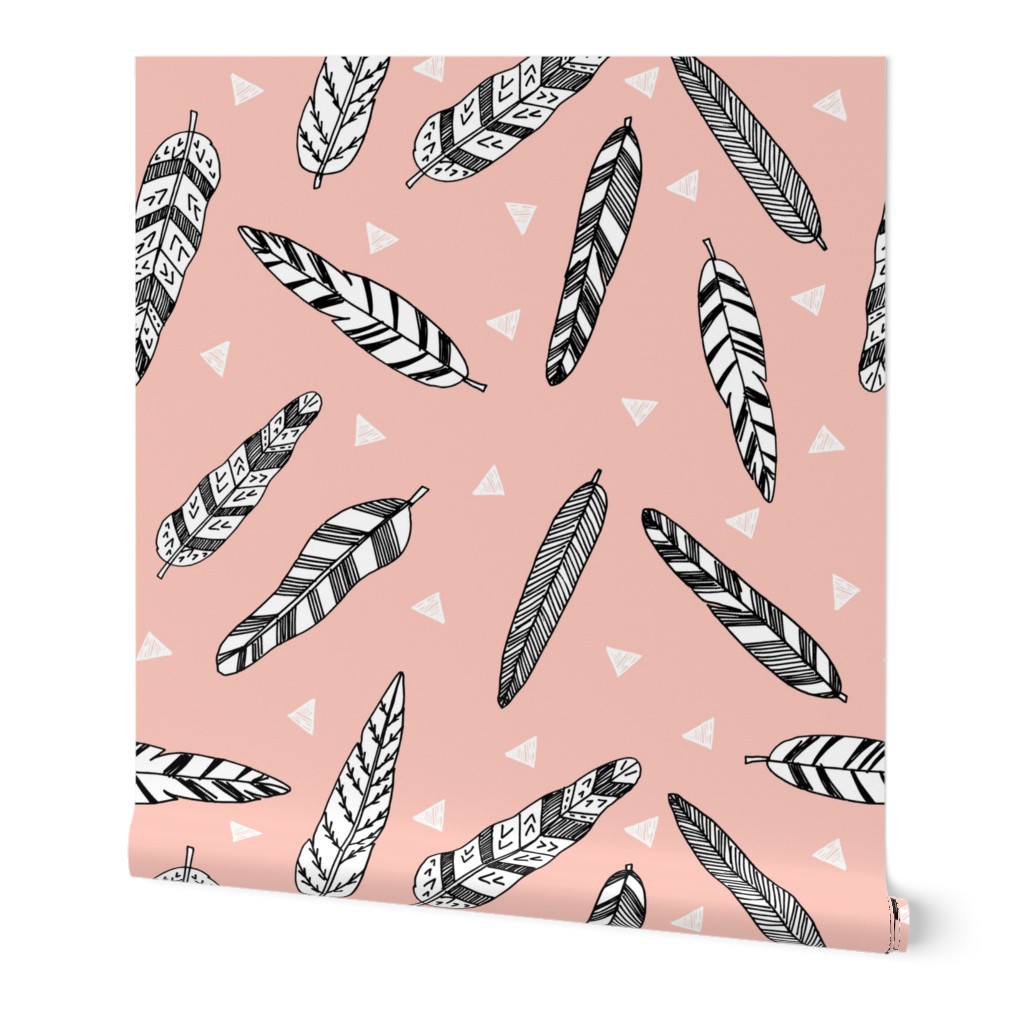 Inky Feathers fabric // (Small) - Pale Pink by Andrea Lauren 