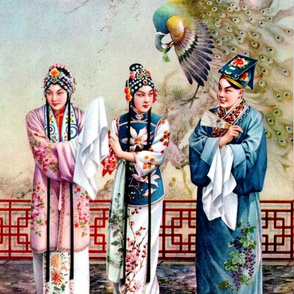 asian china chinese oriental chinoiserie traditional beijing peking opera peacocks suitor couples courtship servants maids love romance moon