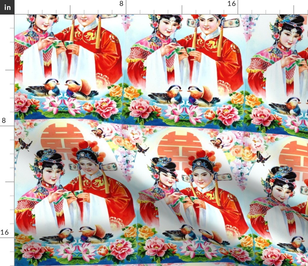 asian china chinese oriental chinoiserie ancient dynasty wedding bride groom marriage flowers peony mudan couple lovers butterfly lotus water lily kanji mandarin ducks happiness happy good luck romance