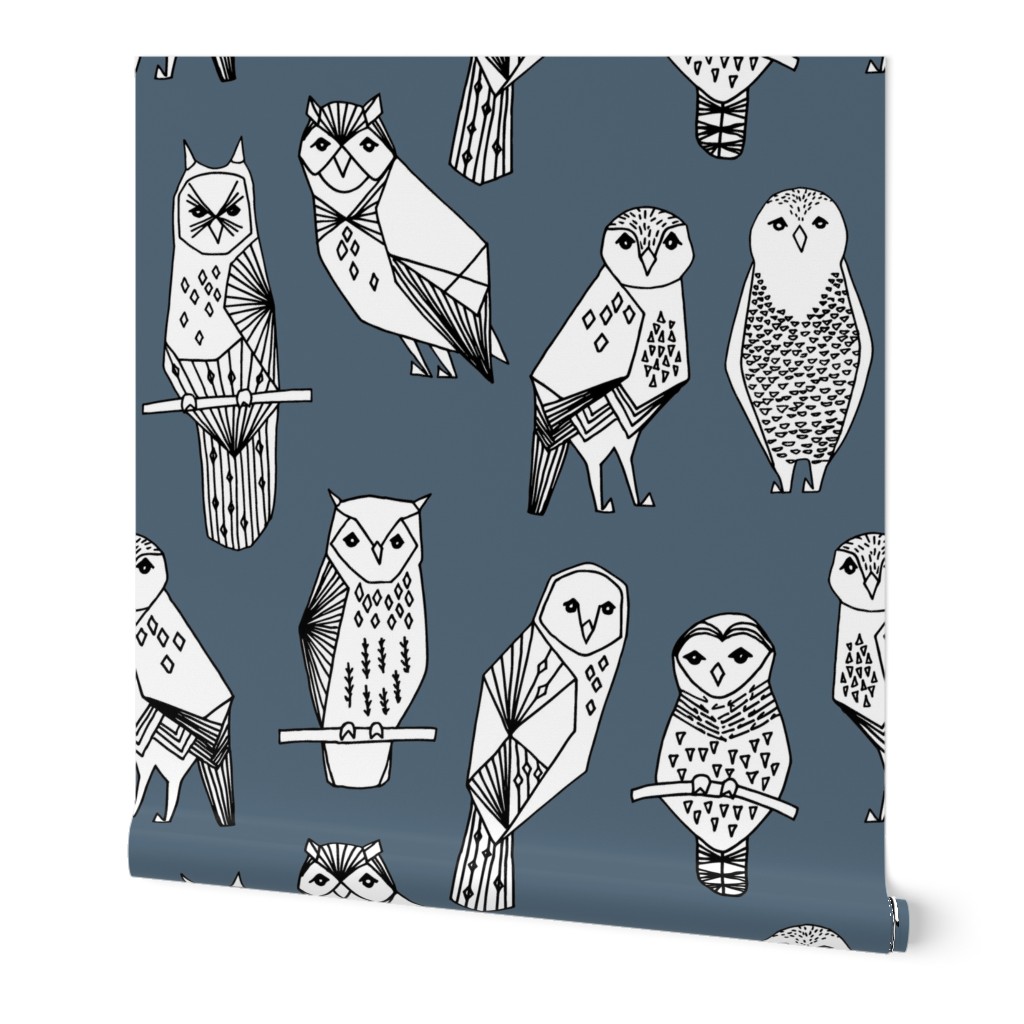 geo owls // payne's gray owls cute birds hand-drawn illustration by Andrea Lauren