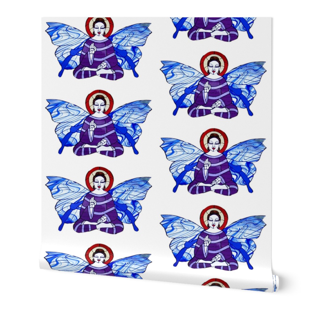 Stain Glass Purple and Lavendar Buddha with Blue and clear white Butterfly wings