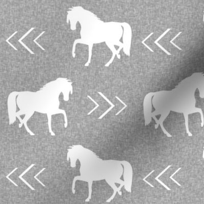 horse fabric - light grey linen fabric, grey horse fabric, grey horse