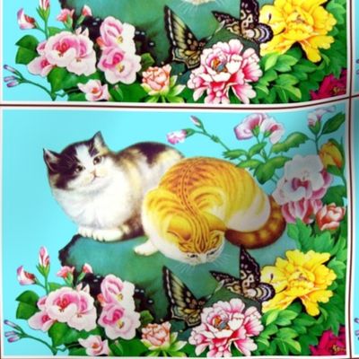 cats kittens pussy ginger mudan peony flowers leaves plants rock garden butterflies butterfly 