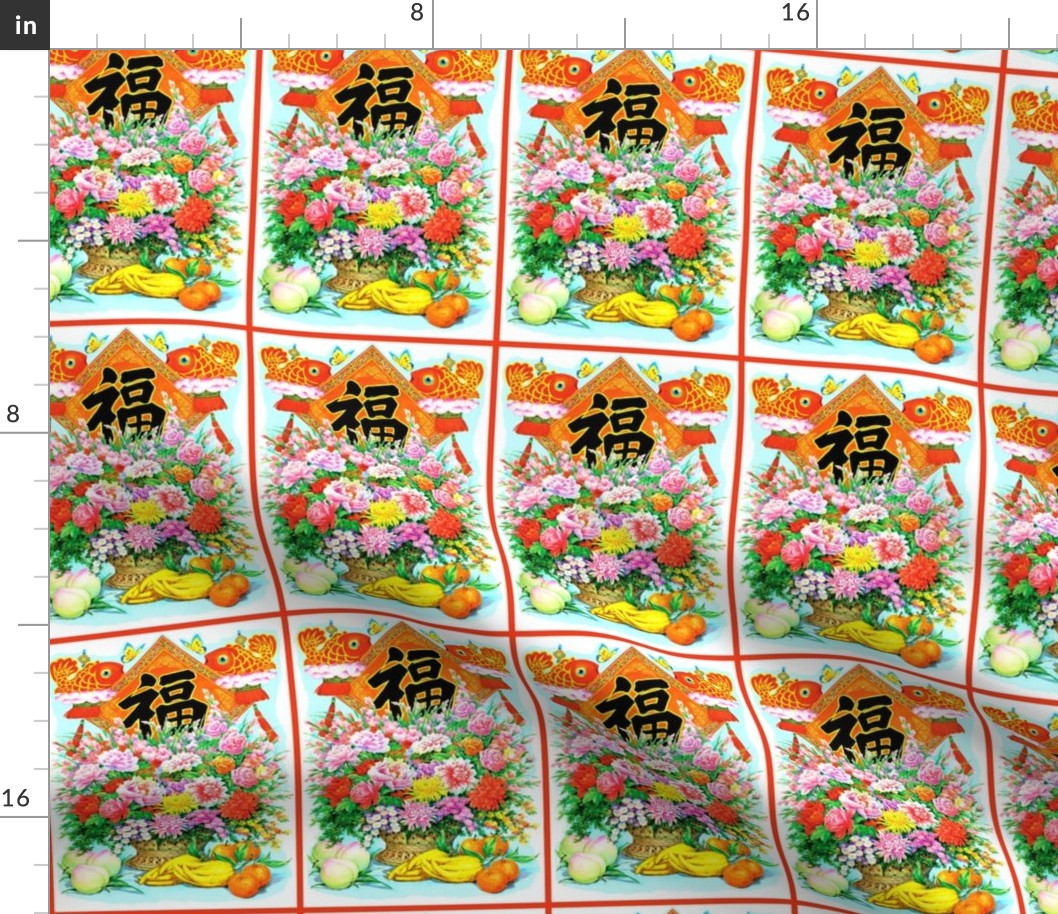 asian china chinese new year oriental chinoiserie goldfishes koi butterfly good luck charms colorful flowers bouquet kanji peony peaches oranges fruit