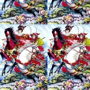 chinoiserie asian china chinese oriental woman lady man warriors soldiers war battles traditional martial arts kung fu horse riding mountains flowers