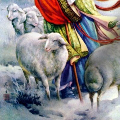 asian china chinese oriental chinoiserie traditional ancient dynasty shepherd goats sheep snow winter mountains old man grandfather lambs