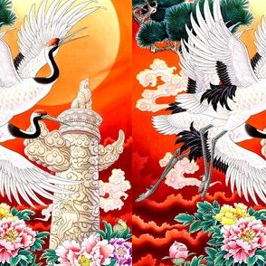 royal novelty thrones asian china chinese oriental cheongsam kimono cranes birds sun totems clouds mudan peony flowers trees gardens chinoiserie 