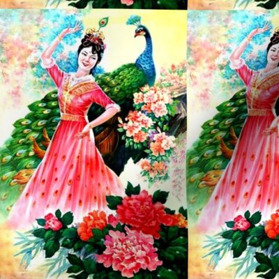 asian china chinese oriental chinoiserie ancient dynasty dancing dancer maidens peacocks mudan flowers peony gardens trees