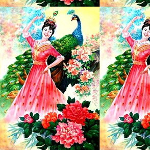 asian china chinese oriental chinoiserie ancient dynasty dancing dancer maidens peacocks mudan flowers peony gardens trees