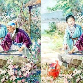 asian china chinese oriental chinoiserie ancient dynasty flowers trees mountains grandson grandmother grandma folk tales village needle polish 