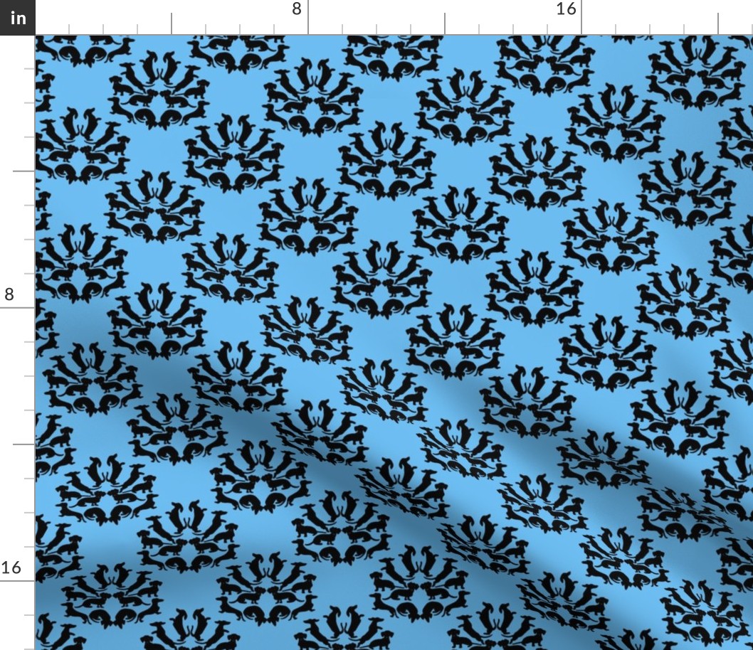 Doxie Damask Black on Blue