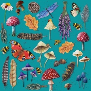 Mushrooms and Insects Paintings TURQUOISE (Nature’s Garden)