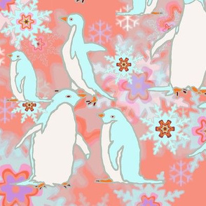 Penguins Rosy Background Larger