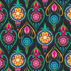 Suzani-Inspired Ogee Floral Design on Dark Background
